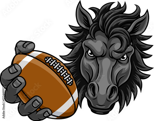 Horse mustang bronco stallion American football angry sports team mascot holding a ball.