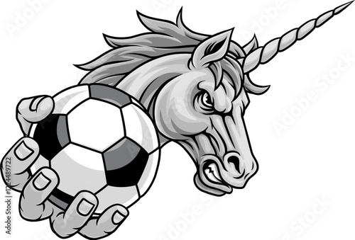 Unicorn horse stallion soccer football angry sports team mascot holding a ball.