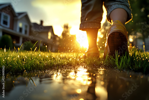 Spaziergang durch eine Pfütze – Gummistiefel im goldenen Abendlicht
 photo