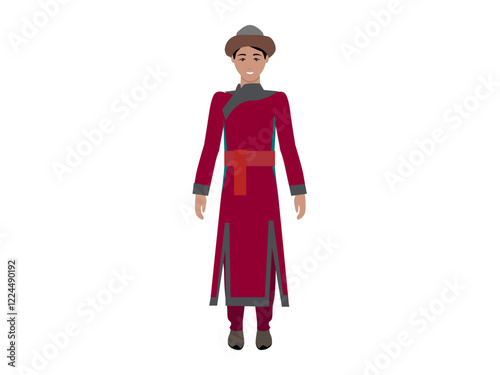 Kazakhs person in traditional ethnic attire stands confidently. Wearing a long red robe, grey boots, and a brown hat, this image represents cultural heritage. Ideal cultural festivals, heritage events