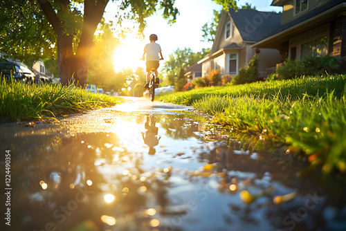 Kind fährt Fahrrad durch Pfützen – Unbeschwerte Momente in der Abendsonne
 photo