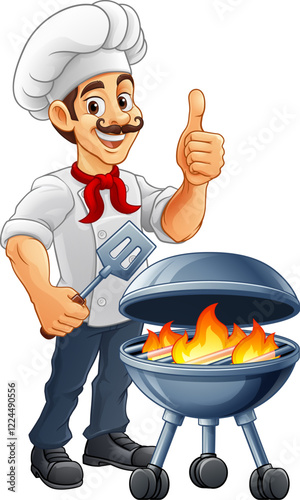 A chef cartoon barbecue cook out brazier cook man giving thumbs up and holding a BBQ spatula mascot character illustration