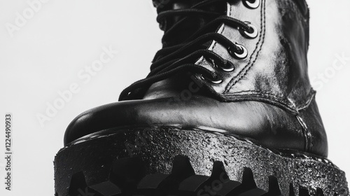 Close-up of a black platform leather boot showing the textured sole and lace detail photo