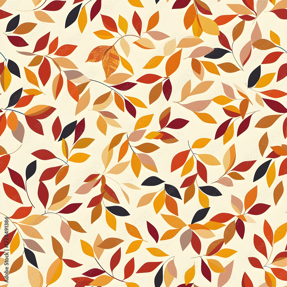 A seamless pattern of colorful leaves on a light background.