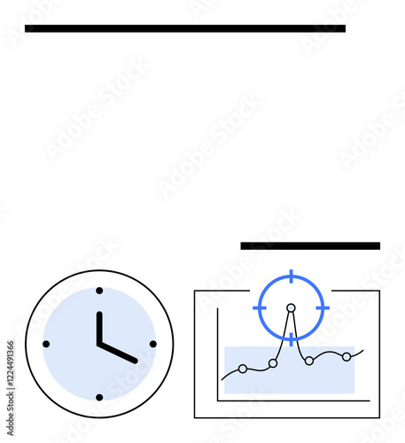 Clock and chart with circular focus highlighting data trends and goals. Ideal for productivity, planning, goal setting, data analysis, project timelines, resource optimization, abstract line flat