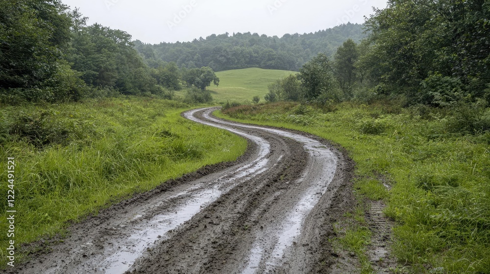 Winding muddy road through lush green hills on a cloudy day. Ideal for travel, adventure, nature themes Winding muddy road through lush green hills on a cloudy day. Ideal for travel, adventure, nature themes