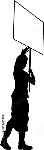 Protestor or demonstrator at a demonstration march, picket line or strike protest rally in silhouette. Holding up a banner or picket sign board placard.