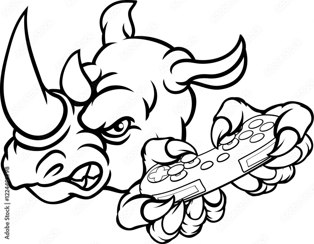 A rhino gamer animal sports mascot holding a games controller A rhino gamer animal sports mascot holding a games controller