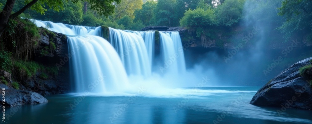 Obraz premium Softly lit waterfalls in a gradient of blues and whites, blue, serene