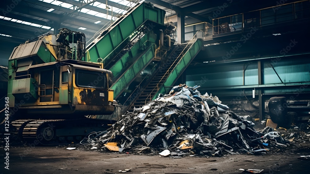Machinery sorting and processing various materials such as metal plastic paper and glass in an industrial recycling plant facility Machinery sorting and processing various materials such as metal plastic paper and glass in an industrial recycling plant facility