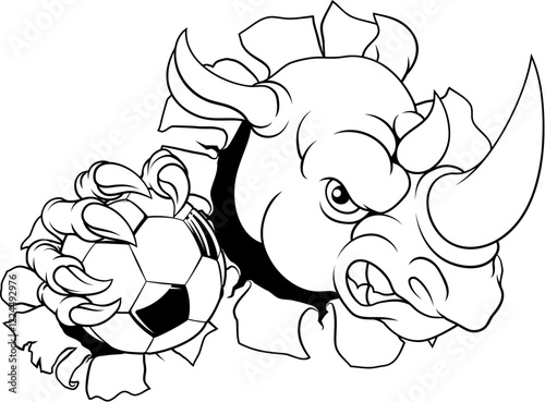 A rhino or rhinoceros cartoon sports mascot holding a soccer football ball