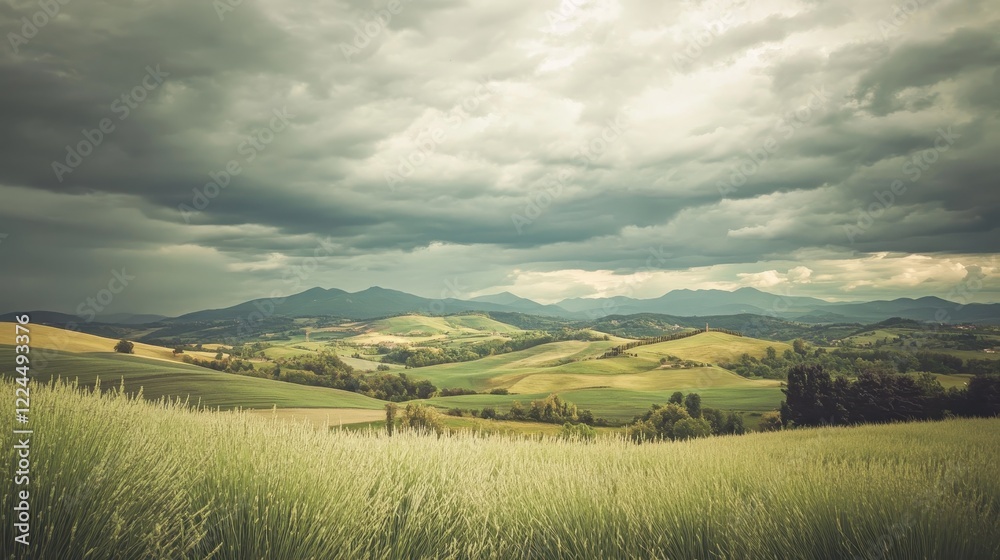 Fototapeta premium Serene Landscape with Rolling Fields and Dramatic Clouds