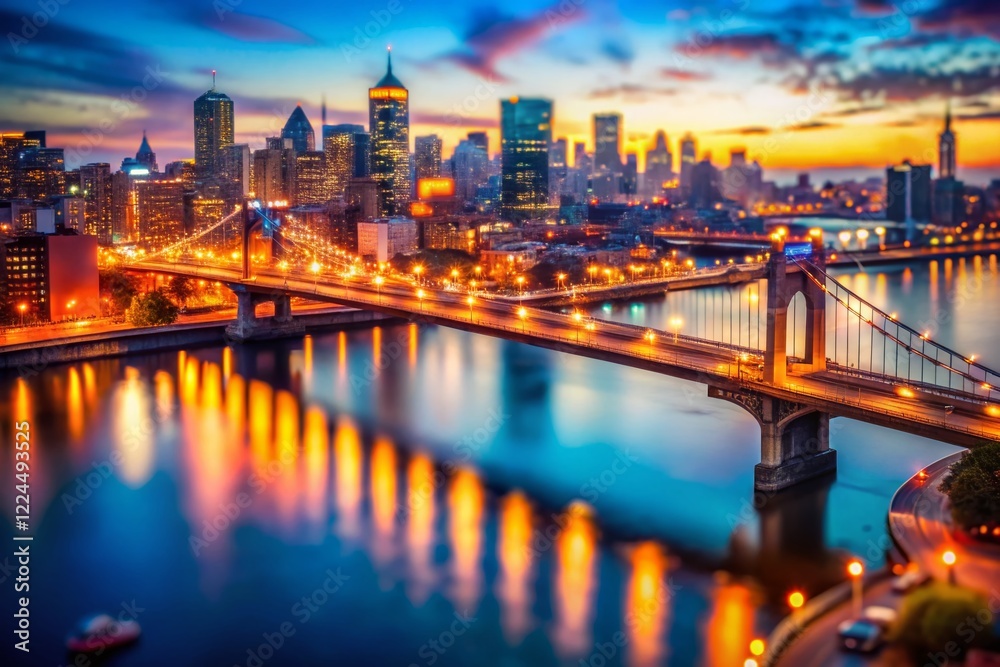 Fototapeta premium Cityscape at Dusk: Bokeh Lights Between Two Bridges