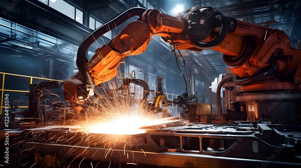 Robotic Arm Meticulously Welding Metal Components in a Cutting Edge Manufacturing Facility Showcasing Advanced Automation and Industrial Engineering Technology Robotic Arm Meticulously Welding Metal Components in a Cutting Edge Manufacturing Facility Showcasing Advanced Automation and Industrial Engineering Technology