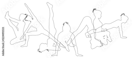Silhouette yoga pilates women poses set. Active sports people healthy players fitness silhouettes concept.