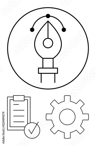Pen tool icon, checklist, and cogwheel portray design, tasks, and process management. Ideal for design workflows, task completion, creativity, tools planning productivity abstract line flat