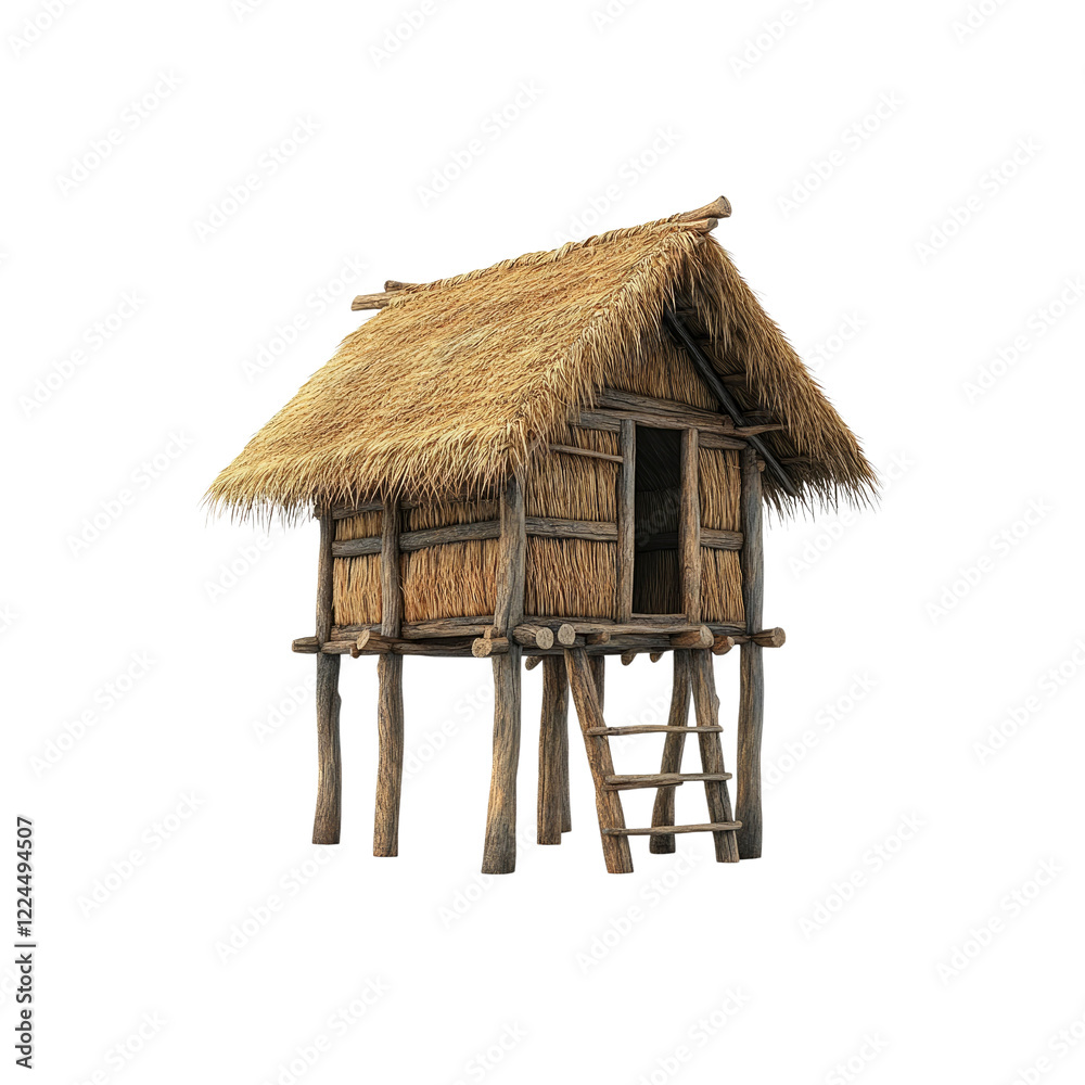 3D Render of a Traditional Thatched Stilt House