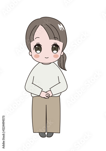 正面を向いて挨拶している笑顔のかわいい成人女性のイラスト