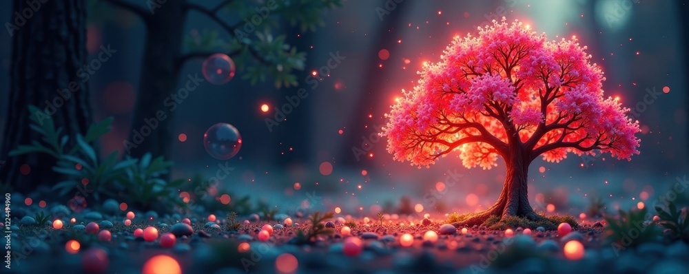 Sparkling tree, colorful spheres, warm light glow, holiday, gold, element