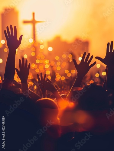 Silhouetted hands raised in worship with a cross and a sun setting behind urban skyline in the background.