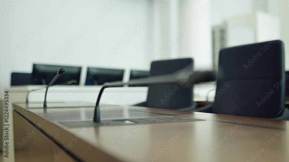 A microphone on a modern podium in a conference room. A microphone on a modern podium in a conference room.