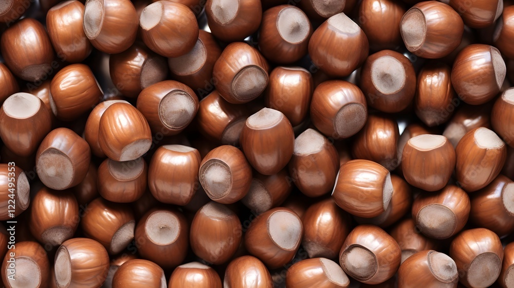 Close up view of a precisely arranged pattern of shiny metallic nuts creating a striking geometric and industrial design