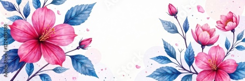 Vibrant pink & blue watercolor floral pattern on white, elegant, bright, blue
