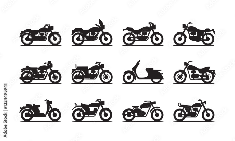 Obraz premium Black Silhouette Motorcycles and Scooters Collection on White Background