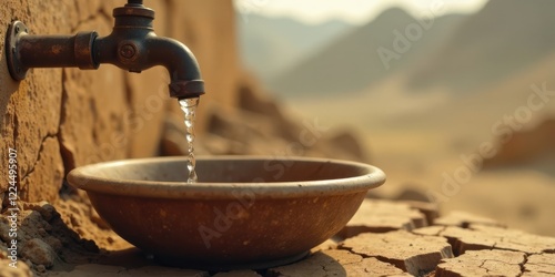 A rustic faucet pours clean water into a simple bowl against a backdrop of cracked earth, a poignant scene of resourcefulness and arid landscape