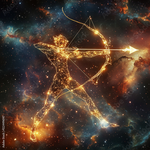 Sagittarius Constellation: Archer in Cosmic Nebula. An archer figure formed by stars within a vibrant cosmic nebula. A beautiful depiction of the Sagittarius constellation
