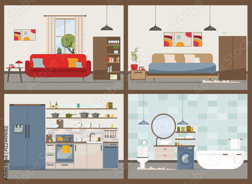 Modern apartment with equipment (furniture, sofa, armchair, dishes). Kitchen, bathroom, living room, bedroom.Flat Vector illustration