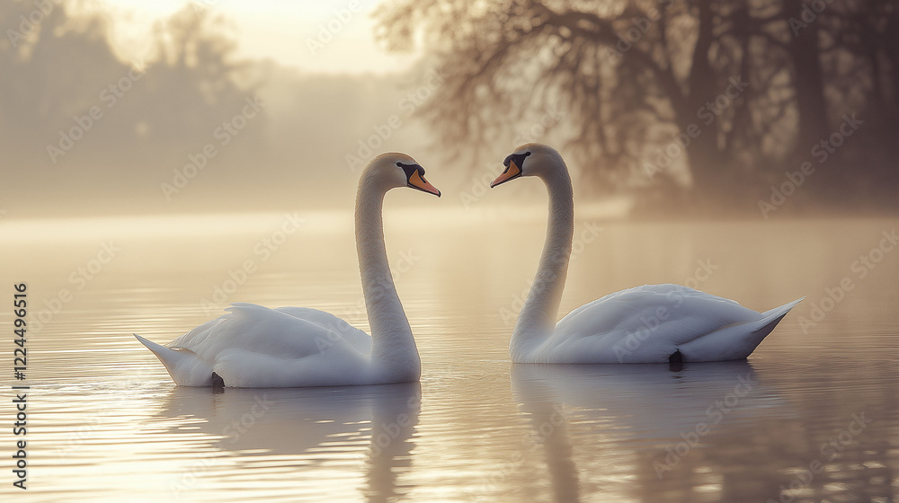 Fototapeta premium Two elegant swans in love gracefully glide across a serene lake in the forest. The morning fog envelops the scene.