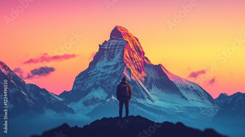 A breathtaking mountain landscape at sunset, with a solitary figure standing in awe of the towering peak and vibrant sky.