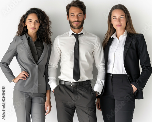 Three business interviewees showcasing professionalism in a soft-lit setting against a white background