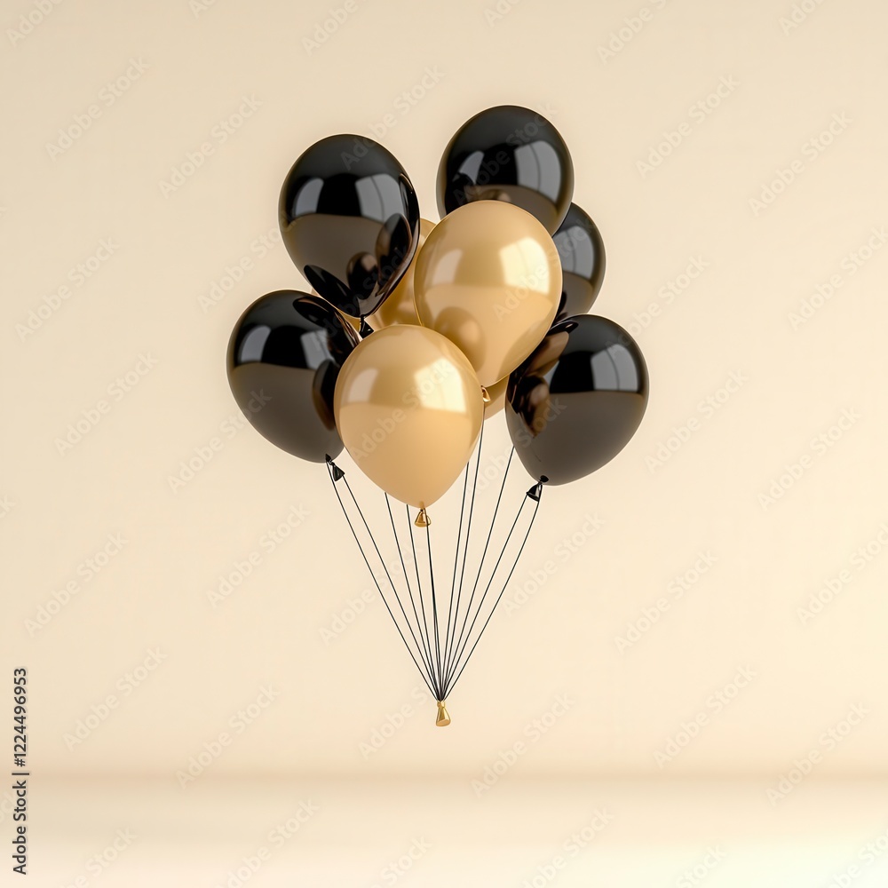 A group of inflated balloons in black and gold, floating gracefully with glossy reflections. High Quality A group of inflated balloons in black and gold, floating gracefully with glossy reflections. High Quality