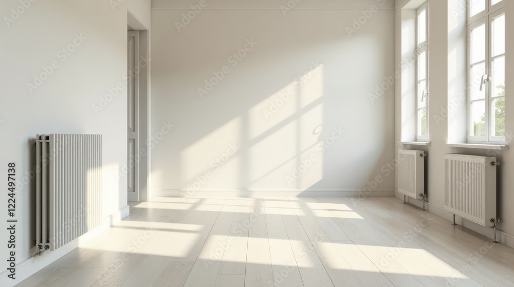 Fototapeta premium Sunlight streams through windows illuminating an empty room with light colored walls, wood flooring, and modern radiators.
