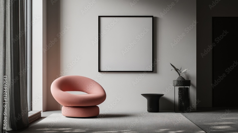 Spacious minimalist interior with a pink chair and a blank black framed wall art Spacious minimalist interior with a pink chair and a blank black framed wall art