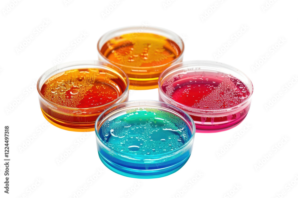 Colorful petri dishes filled with vibrant liquids arranged artistically on a white background isolated on transparent background Colorful petri dishes filled with vibrant liquids arranged artistically on a white background isolated on transparent background