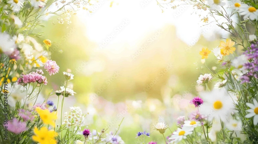 Sunny meadow wildflowers frame, blurred background, spring Sunny meadow wildflowers frame, blurred background, spring