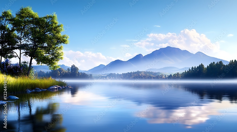 Fototapeta premium Serene Lakeside Landscape with Mountain Reflections