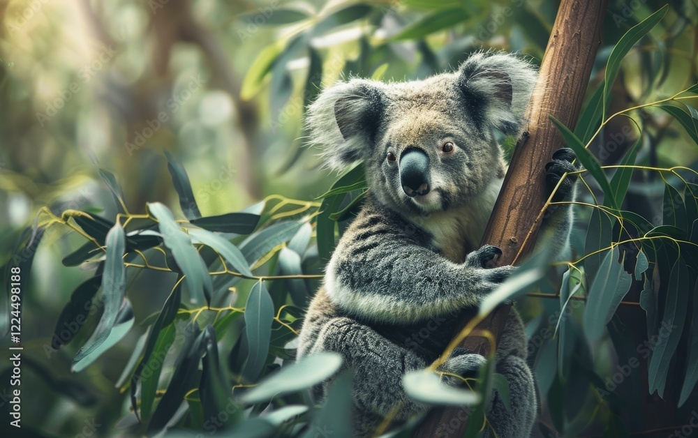 Fototapeta premium A cute koala bear holds onto a eucalyptus tree surrounded by vibrant green leaves, depicting wildlife in its natural habitat