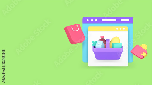 Grocery online shopping store internet purchase banner copy space vector illustration. Supermarket market groceries shop computer browser website purchasing payment e business merchandise technology