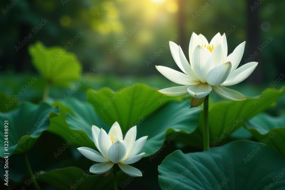 Softly lit white lotus flowers amidst lush tropical foliage, , foliage Softly lit white lotus flowers amidst lush tropical foliage, , foliage