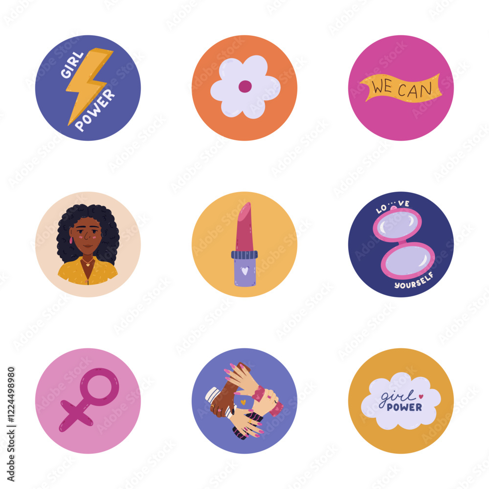Fototapeta premium Lovely cartoon round highlight icon with feminism movement clipart for social media, blogs, business, branding. Cover stories icons with girl portrait, crown, lightning, lipstick in bright colors