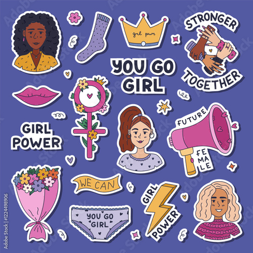 Lovely cartoon doodle sticker set for planners, notebooks for feminism movement, women rights, equality, female solidarity. Ready for print list of cute hand drawn stickers of Girl Power, 8 of March.