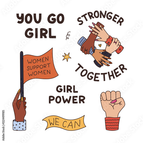 Lovely outline cartoon feminist badges with girl arms in different poses, women solidarity lettering. Cute hand drawn feminist slogans, multiracial, diversity and female movement concept isolated.