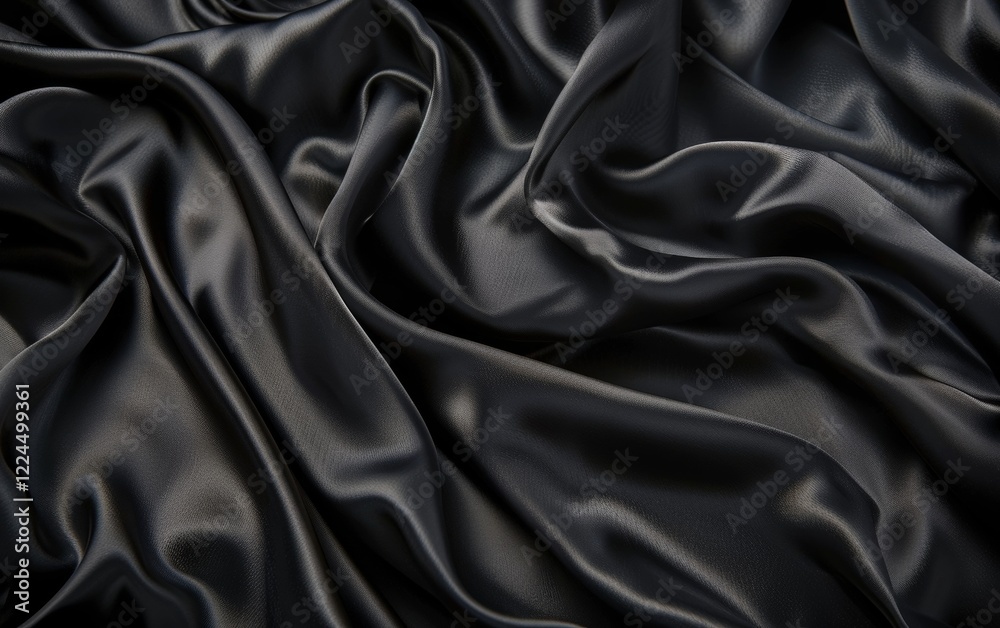 Fototapeta premium Dramatic folds and ripples of inky black satin fabric, exuding a sleek and mysterious allure with the shimmering textile