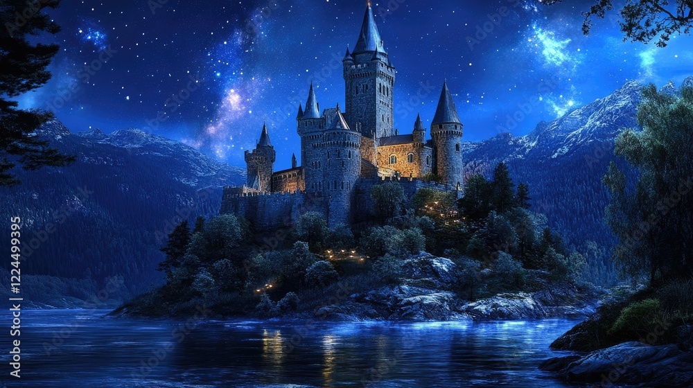 Majestic island castle lit by radiant northern lights and a starry night in a magical landscape Majestic island castle lit by radiant northern lights and a starry night in a magical landscape