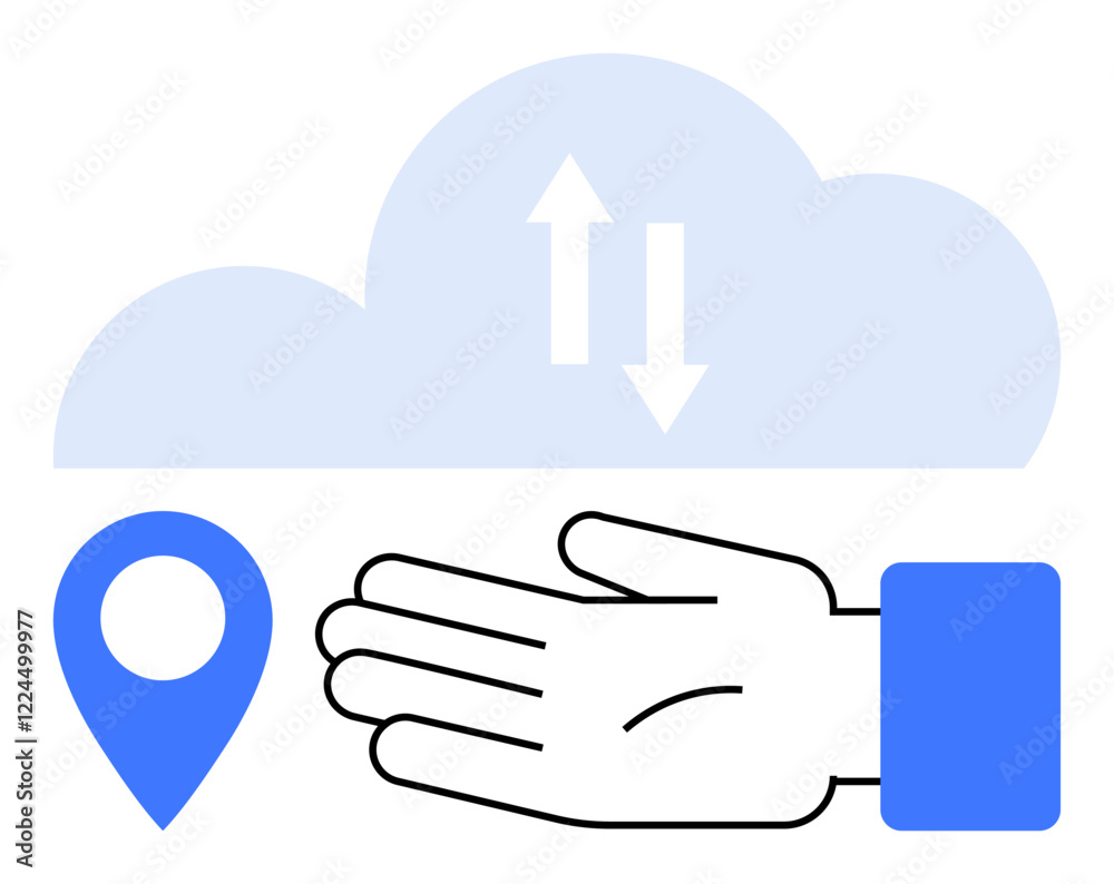 Hand positioned under a cloud with bi-directional arrows and a blue location pin. Ideal for cloud computing, data management, networking, technology, GPS, digital storage, communication themes. Line Hand positioned under a cloud with bi-directional arrows and a blue location pin. Ideal for cloud computing, data management, networking, technology, GPS, digital storage, communication themes. Line