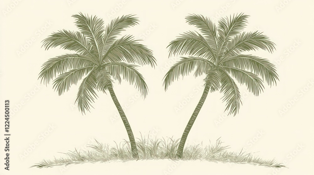 Obraz premium Two palm trees, grass, beach, sketched style.